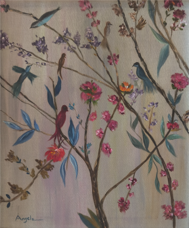 Pájaros y Flores, óleo sobre lienzo, Ángela Navarro